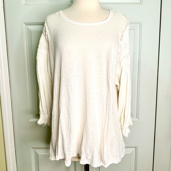 Free People Oversized Linen Cotton Blend Ruched Long Sleeves Top Sz Large - Picture 3 of 14